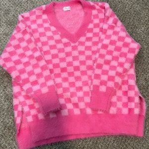 Oversized pink checkered fuzzy sweater